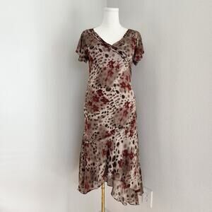 Vintage Dressbarn Brown Red Floral Bias Cut Silk Midi Dress Asymmetrical L